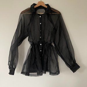 Black Organza Waisted Button Up Blouse
